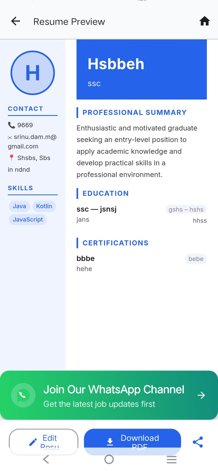 Resume Builder resume preview screen