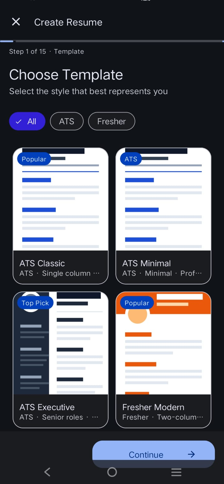 Resume Builder template picker in dark mode